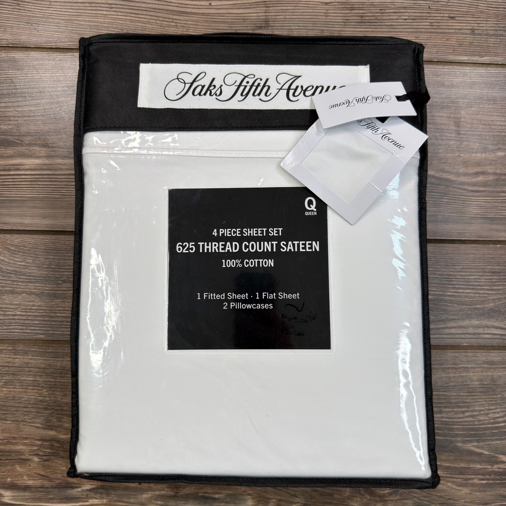Saks Fifth Avenue Queen Sheet Set White 625 TC Sateen Cotton 4pc NWT